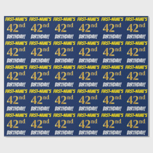 Blue, Faux/Imitation Gold, "42nd BIRTHDAY" Wrapping Paper