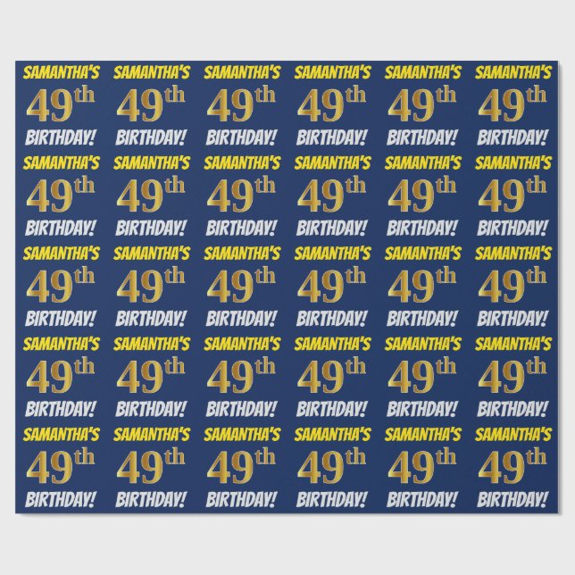 Blue, Faux/Imitation Gold, "49th BIRTHDAY" Wrapping Paper (Flat)