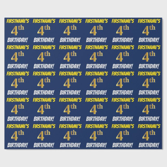 Blue, Faux/Imitation Gold, "4th BIRTHDAY" Wrapping Paper (Flat)