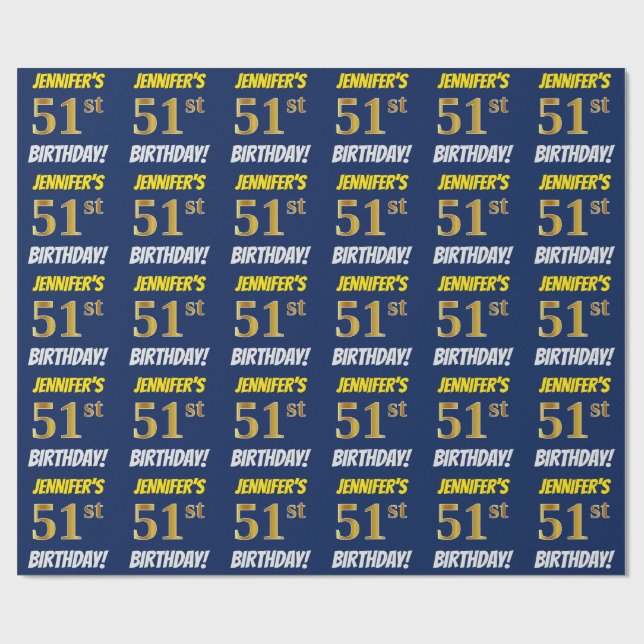 Blue, Faux/Imitation Gold, "51st BIRTHDAY" Wrapping Paper (Flat)