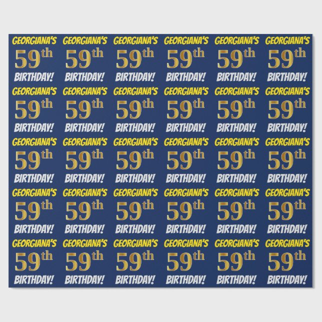 Blue, Faux/Imitation Gold, "59th BIRTHDAY" Wrapping Paper (Flat)