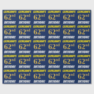 Blue, Faux/Imitation Gold, "62nd BIRTHDAY" Wrapping Paper