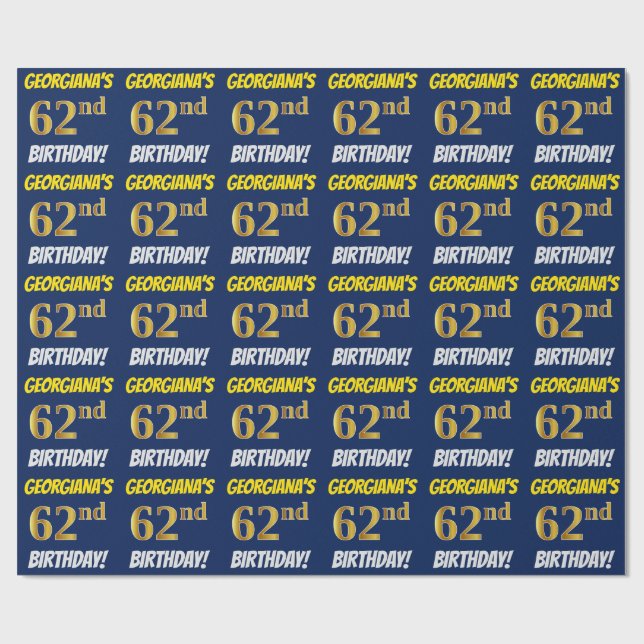 Blue, Faux/Imitation Gold, "62nd BIRTHDAY" Wrapping Paper (Flat)