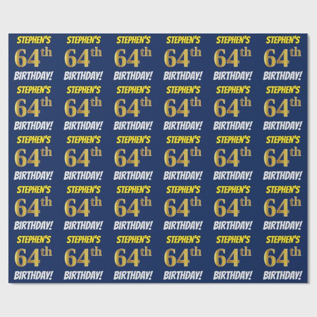 Blue, Faux/Imitation Gold, "64th BIRTHDAY" Wrapping Paper (Flat)