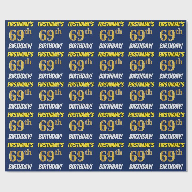 Blue, Faux/Imitation Gold, "69th BIRTHDAY" Wrapping Paper (Flat)