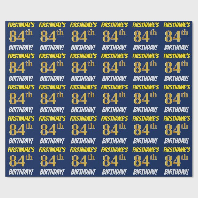 Blue, Faux/Imitation Gold, "84th BIRTHDAY" Wrapping Paper (Flat)