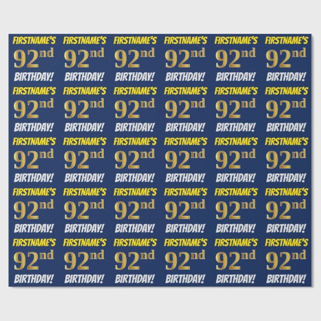 Blue, Faux/Imitation Gold, "92nd BIRTHDAY" Wrapping Paper (Flat)