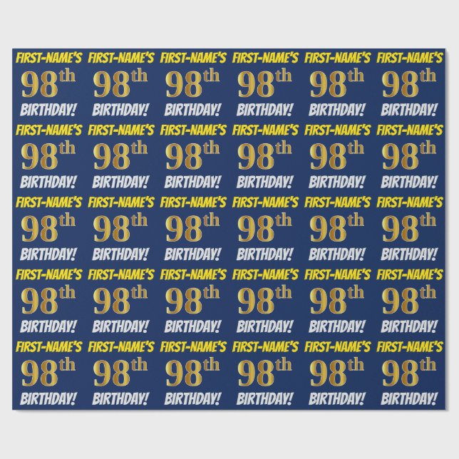 Blue, Faux/Imitation Gold, "98th BIRTHDAY" Wrapping Paper (Flat)