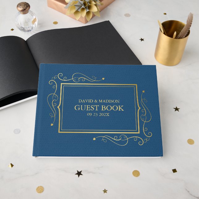 Blue Faux Leather Gold Frame Guest Book 2 (Front Open)