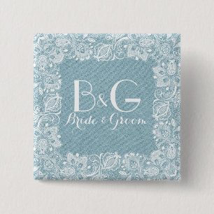 Blue Faux Linen & White Floral Lace 15 Cm Square Badge