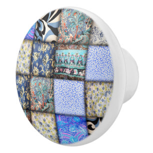Blue Faux Patchwork Quilting Pattern Ceramic Knob