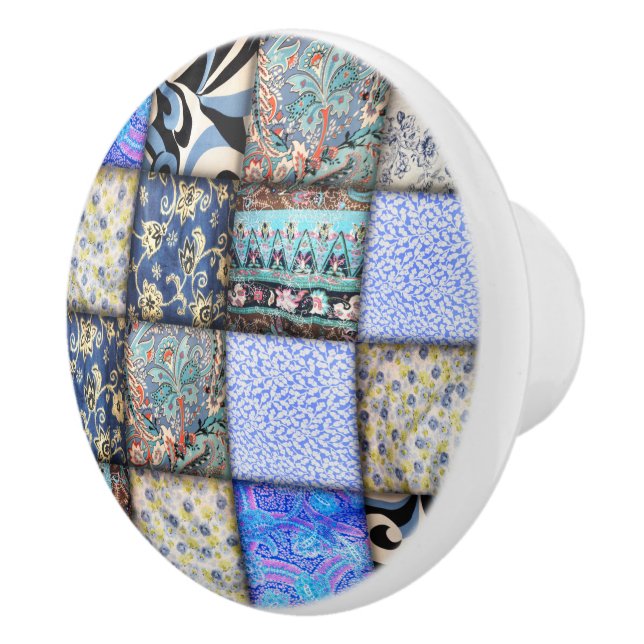 Blue Faux Patchwork Quilting Pattern Ceramic Knob (Right)