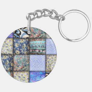 Blue Faux Patchwork Quilting Pattern Key Ring