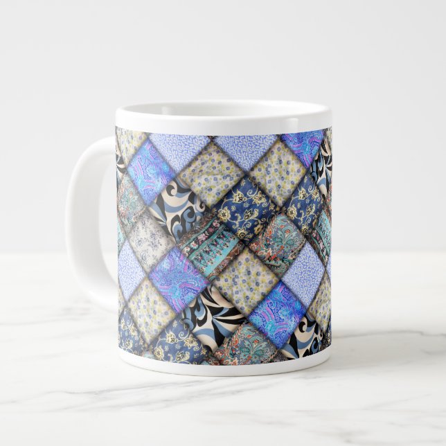 Blue Faux Patchwork Quilting Pattern Large Coffee Mug (Front Left)