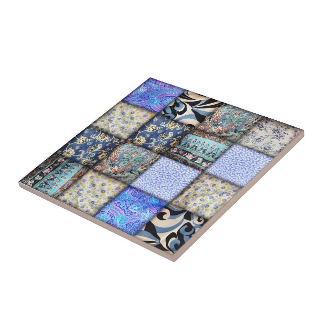 Blue Faux Patchwork Quilting Pattern Tile (Side)
