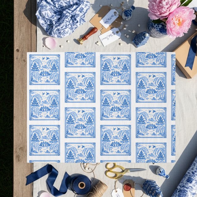 Blue faux porcelain Chinoiserie Willow Tile Tissue Paper (Blue faux porcelain Chinoiserie Willow Tile Tissue Paper)