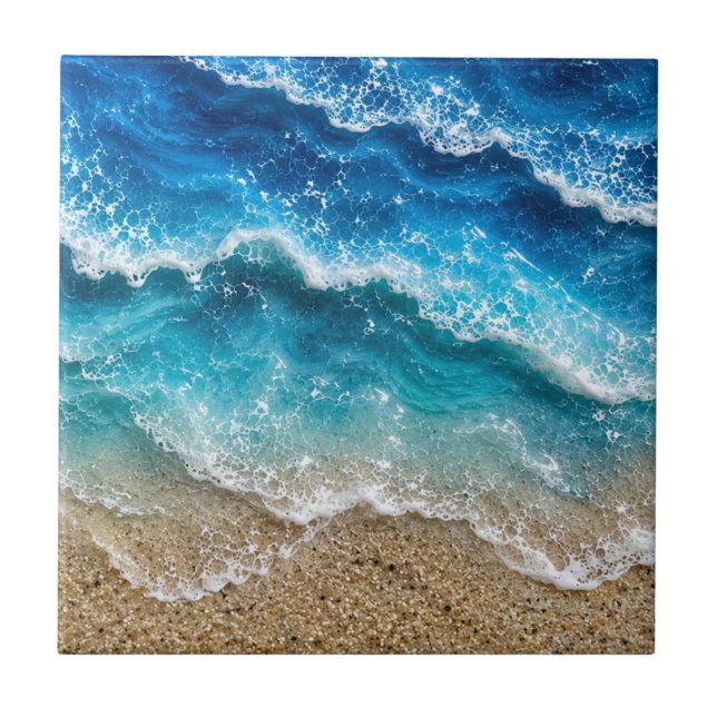 Blue Faux Resin Waves Coastal Beach Ceramic Tile (Front)