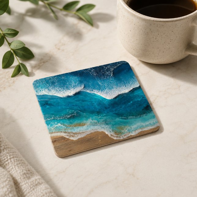 Blue Faux Resin Waves Coastal Beach Square Paper Coaster (Creator Uploaded)