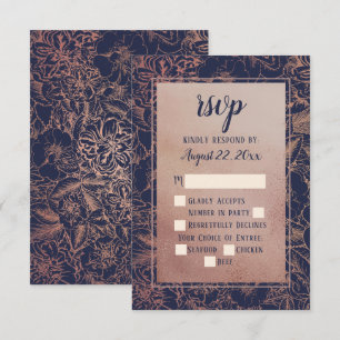 Blue   Faux Rose Gold Vintage Rose Floral RSVP Card