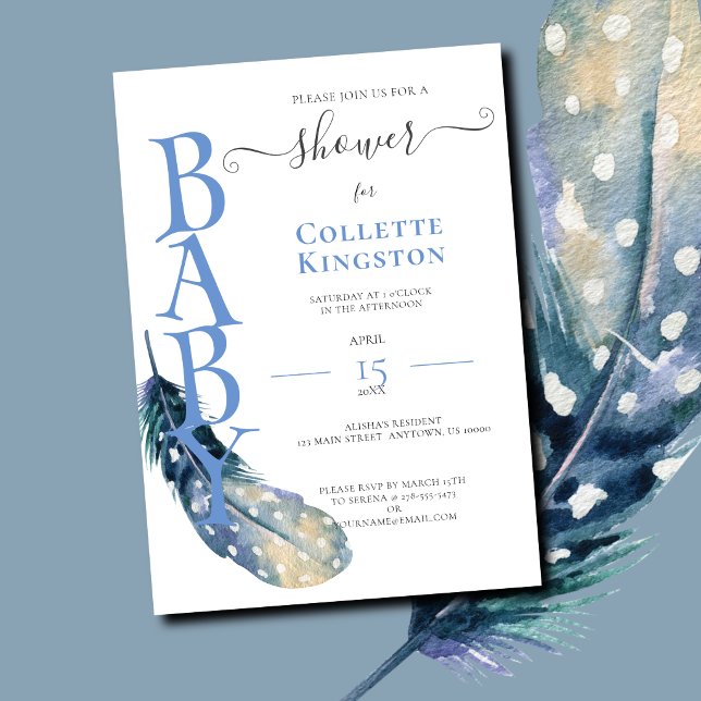Blue Feather, Boy Baby Shower Invitation (Blue Feather Baby Invitations)
