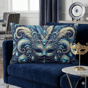 Blue Feather Masquerade Mask Illustration Lumbar Cushion