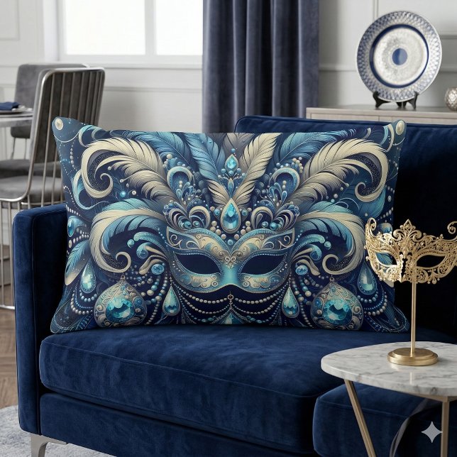 Blue Feather Masquerade Mask Illustration Lumbar Cushion (Blue Feather Masquerade Mask Illustration Lumbar Pillow Mockup A)