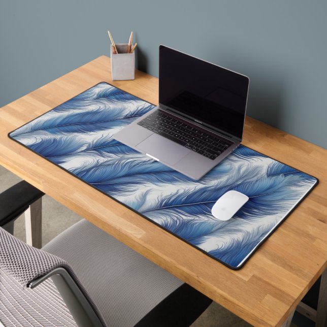 Blue Feather Pattern Art Print Desk Mat (Office 2)