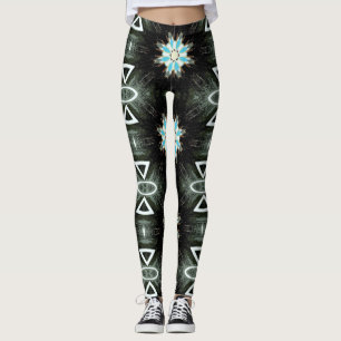 blue feather star-burst on black leggings