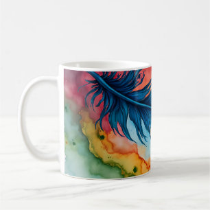 blue feather watercolor painting art coffee mug