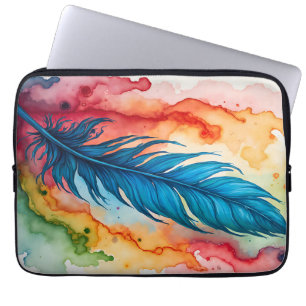 blue feather watercolor painting art laptop sleeve