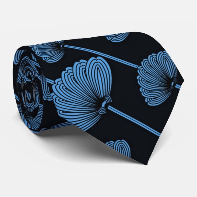 Blue Feathered Floral Fans Pattern Tie (Rolled)