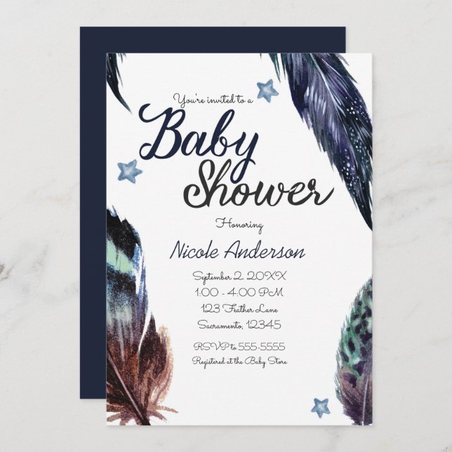 Blue Feathers Boho Bohemian Rustic Baby Shower Invitation (Front/Back)
