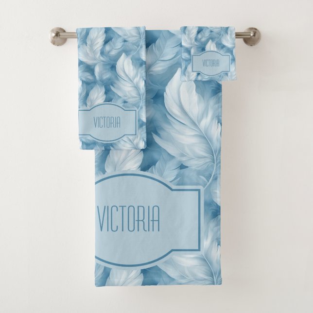 Blue Feathers Delicate Pale Blue Monogrammed Bath Towel Set (Insitu)