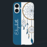 Blue Feathers Dreamcatcher Custom Name Boho iPhone 16 Plus Case<br><div class="desc">This boho style phone case features a blue and white vertical background and matching blue string dreamcatcher and feathers. Personalise the case in the text field with a name,  remove the text or click customise to select a typeface style,  size,  and colour you like.</div>