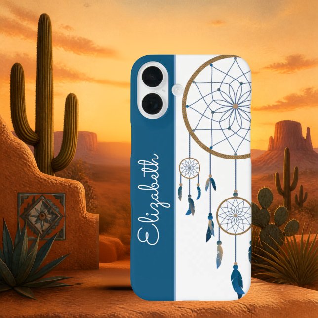 Blue Feathers Dreamcatcher Custom Name Boho Case-Mate iPhone Case (Dreamcatcher southwestern style theme iPhone case with template text. )