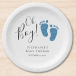 Blue Feet Baby Boy Baby Shower  Paper Plate<br><div class="desc">Are you planning a boy's baby shower?
These cute Boy's Baby Shower paper plates are decorated with blue glitter baby feet and say "Oh Boy" in stylish script typography.
The text is customisable.
Original Watercolor © Michele Davies.</div>