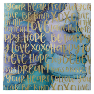 Blue Female Face Gold Inspirational Quotes Ceramic Tile