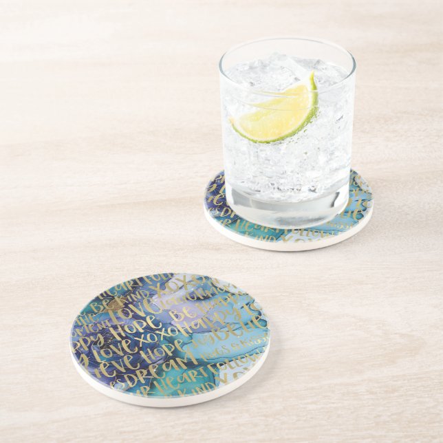 Blue Female Face Gold Inspirational Quotes Coaster (Side)