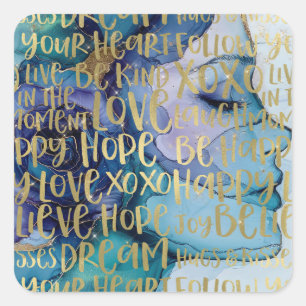 Blue Female Face Gold Inspirational Quotes Square Sticker