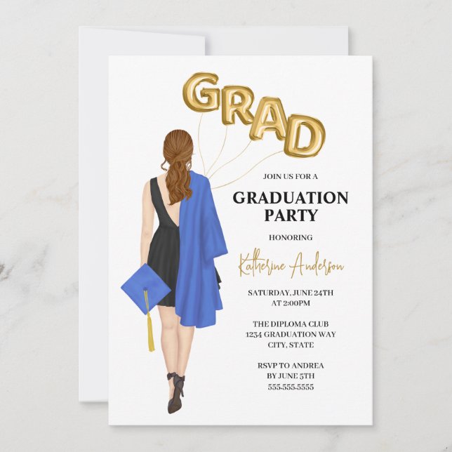 Blue Female Graduation Party Invitation (Front)