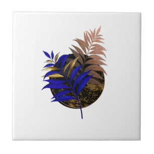 Blue fern on black circle ceramic tile