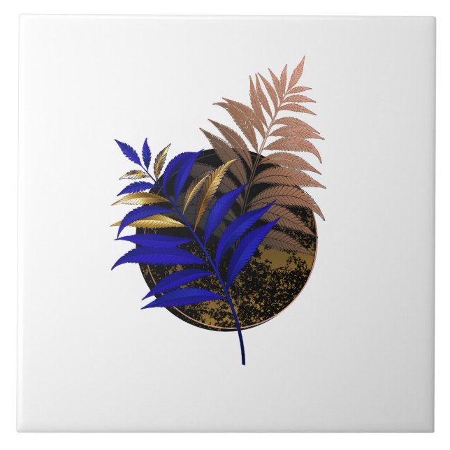 Blue fern on black circle ceramic tile (Front)