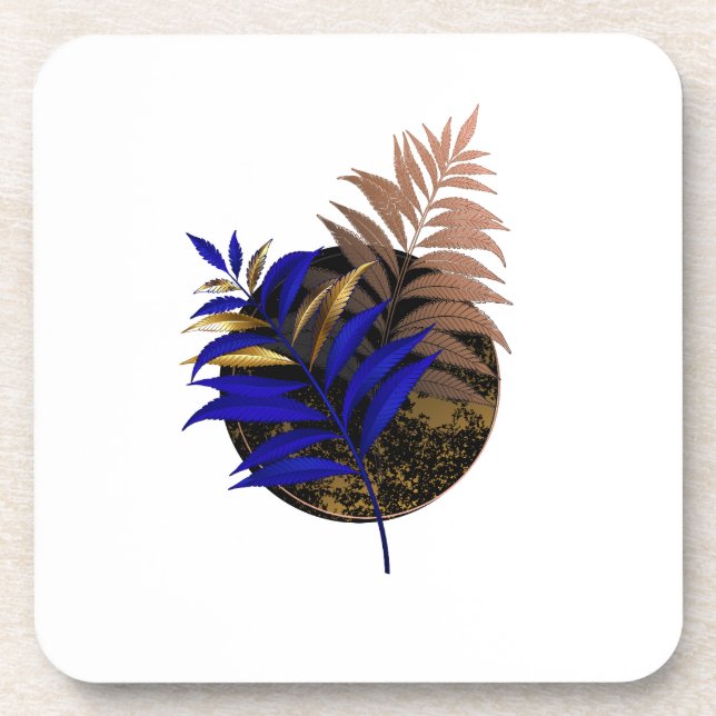Blue fern on black circle coaster (Front)
