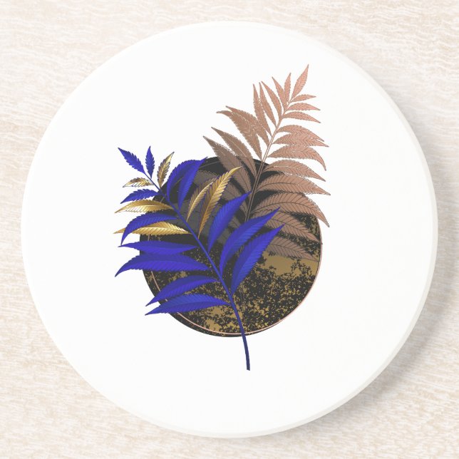 Blue fern on black circle coaster (Front)