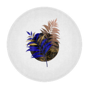 Blue fern on black circle cutting board