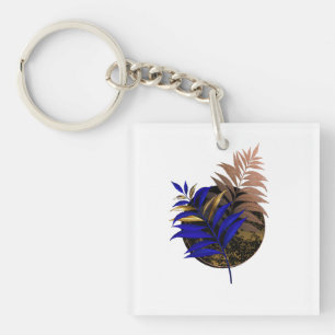 Blue fern on black circle key ring