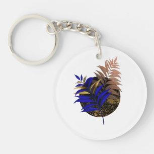Blue fern on black circle key ring