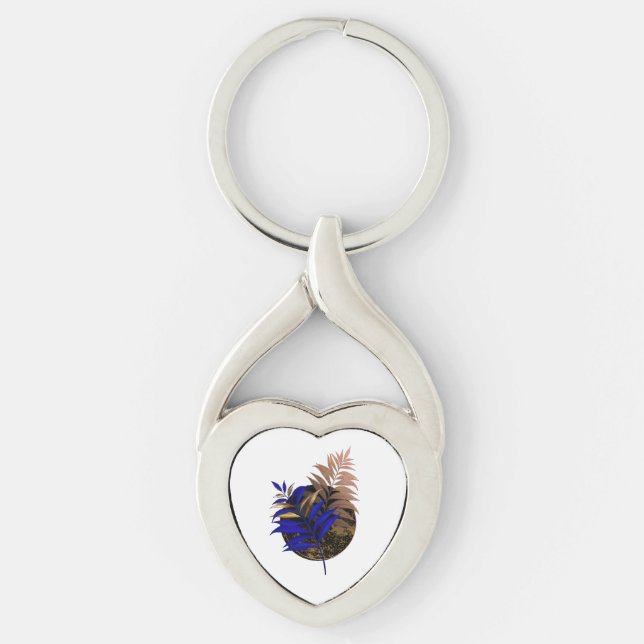 Blue fern on black circle key ring (Front)