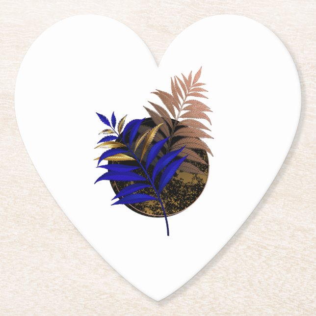 Blue fern on black circle paper coaster (Front)