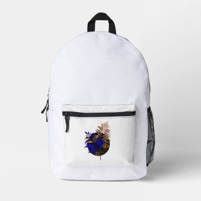 Blue fern on black circle printed backpack (Front)